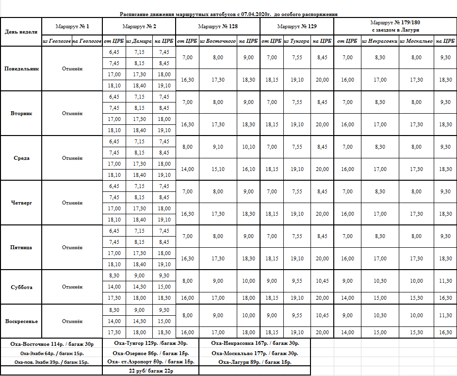 Расписание автобусного маршрута с 07.04.2020 года